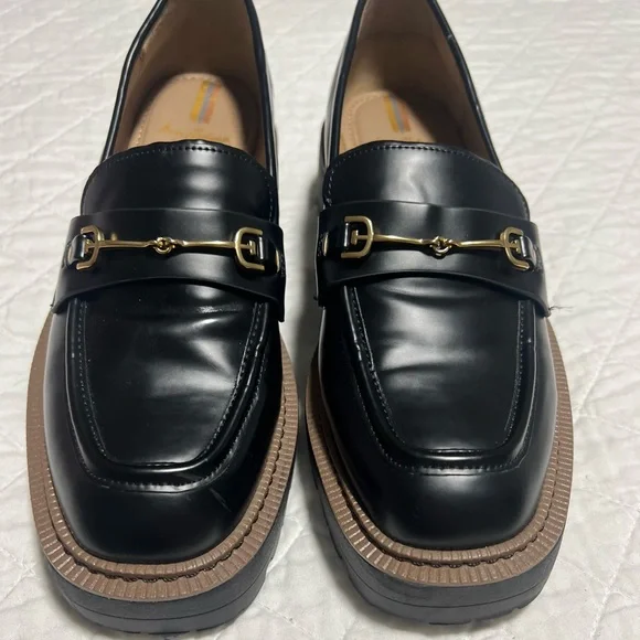 Sam Edelman Black Patent Laurs Lug Sole Loafers Gold Bit Buckle Platform - Picture 1 of 8